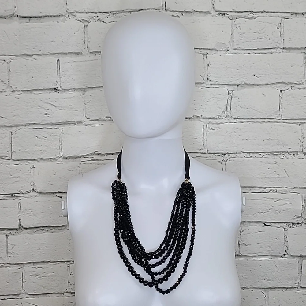 Ann Taylor Loft Elegant Black Beaded Multi Strand Layered Statement Bib Necklace